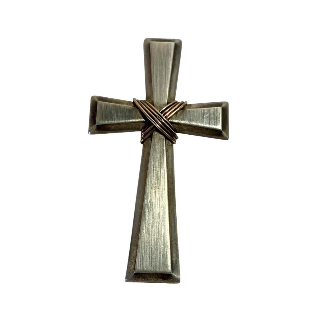 925 Sterling Silver Cross Pendant 2 inch 7.6g w Gold Tone Wire Wrap Fine Jewelry